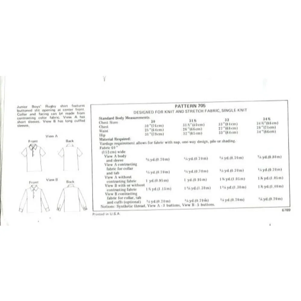 Sewing Pattern Kwik Sew 705 Rugby‎ Shirt Mens Juniors Size 30-34.5 Chest